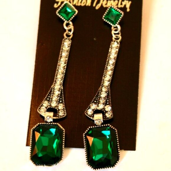 Jewelry - DESIGNER Art Deco Silver Emerald Green & Clear Crystals Drop Earrings**NEW!